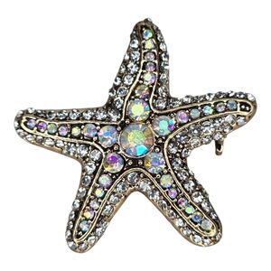 Gold Iridescent Starfish Brooch Pin Rhinestone Beach Costal Summer Ocean Jewelry